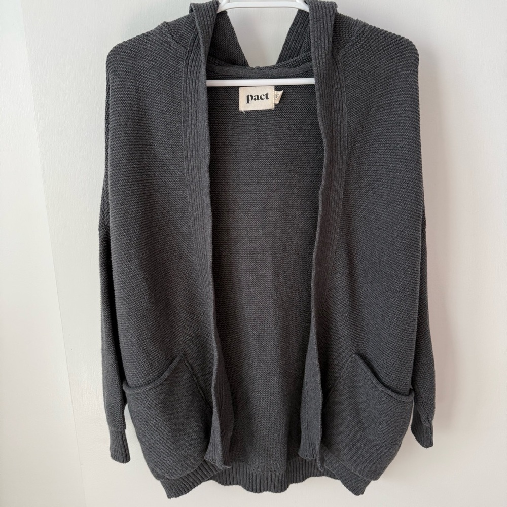 Pact Organic Cotton Hooded Open Front Cardigan with Pockets in Charcoal Gray - Picture 2 of 11